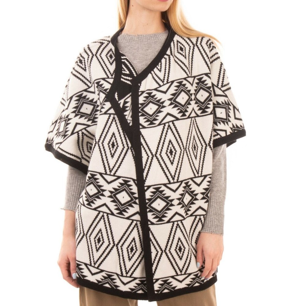 alphamoment White & Black Aztec Ethnic Merino Wool Blend Vest Cardigan M
